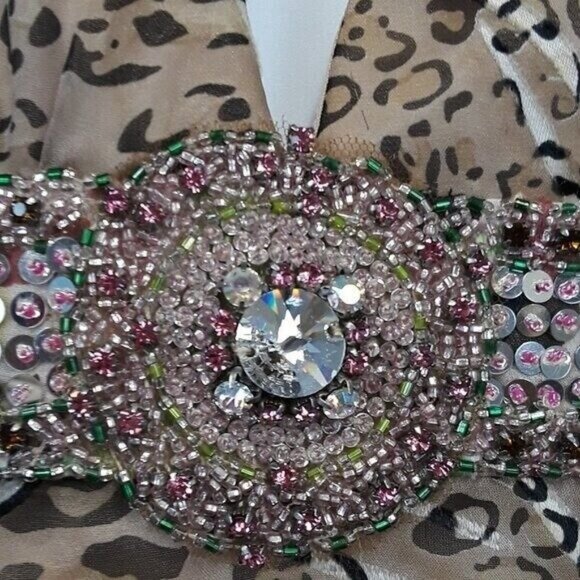 la femme Paris Womens Silk Cocktail Dress Size 6 Animal Print Beaded Fairy Mini - Picture 7 of 13